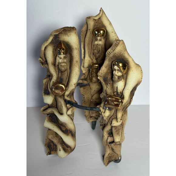 Handmade 3 Wiseman Clay Ceramic Sculpting Texturized Gold Accents Ring Stand - Picture 15 of 16